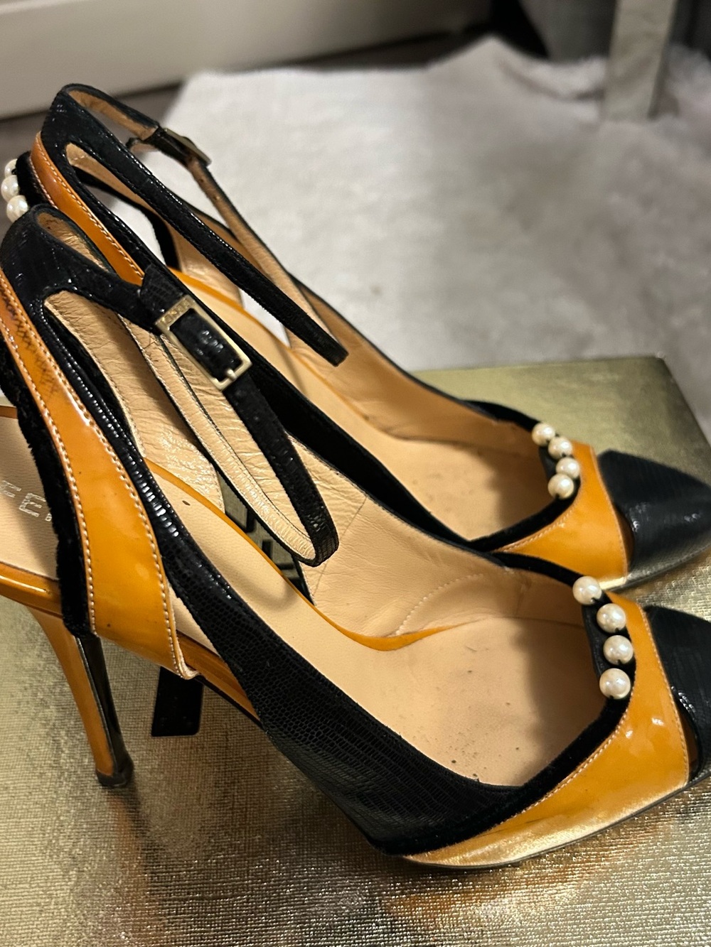 Fendi Black and Mustard Pearl-Embellished Slingback Heels